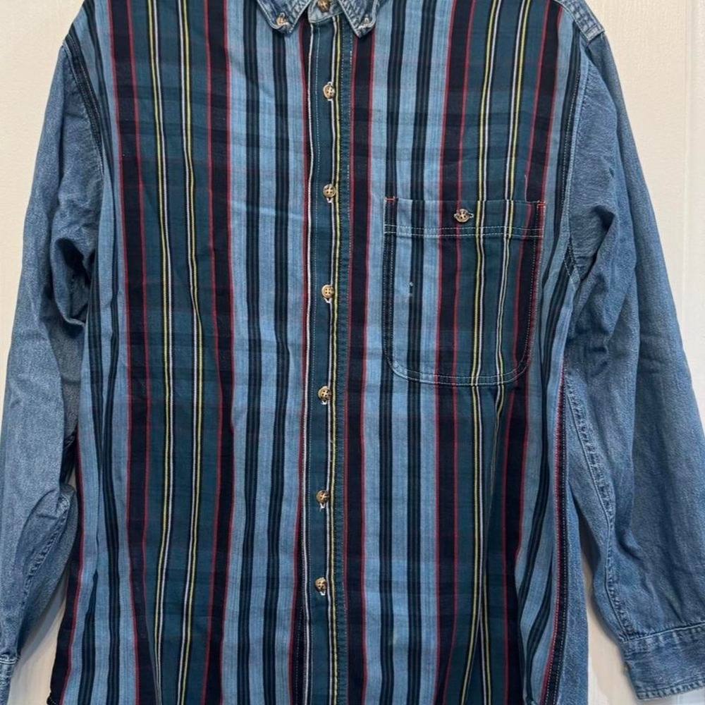 Vintage 90s Greatland Apparel Denim Stripe Button Down Shirt Mens Small